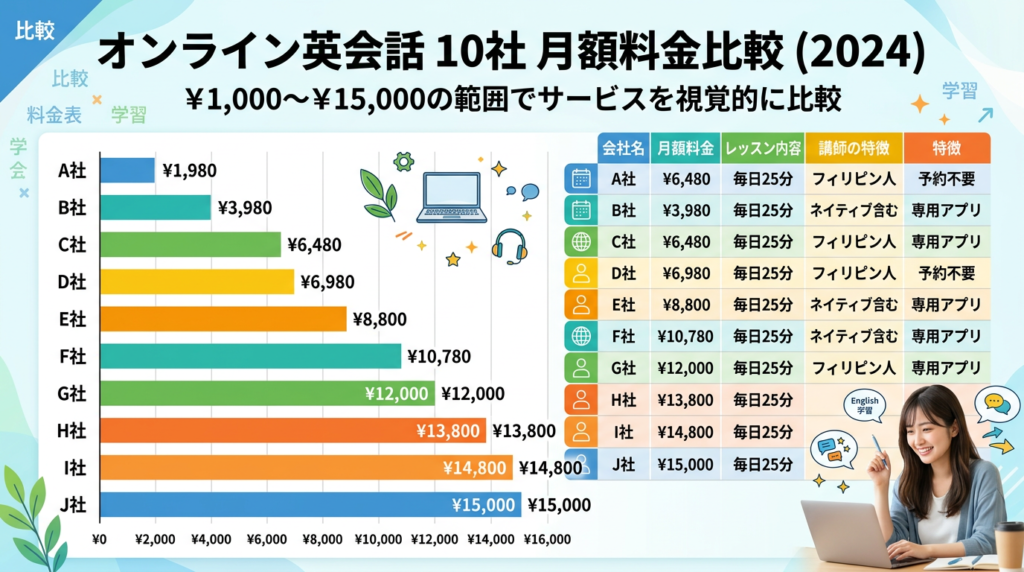 料金比較一覧表【社会人向けオンライン英会話10社まとめ】