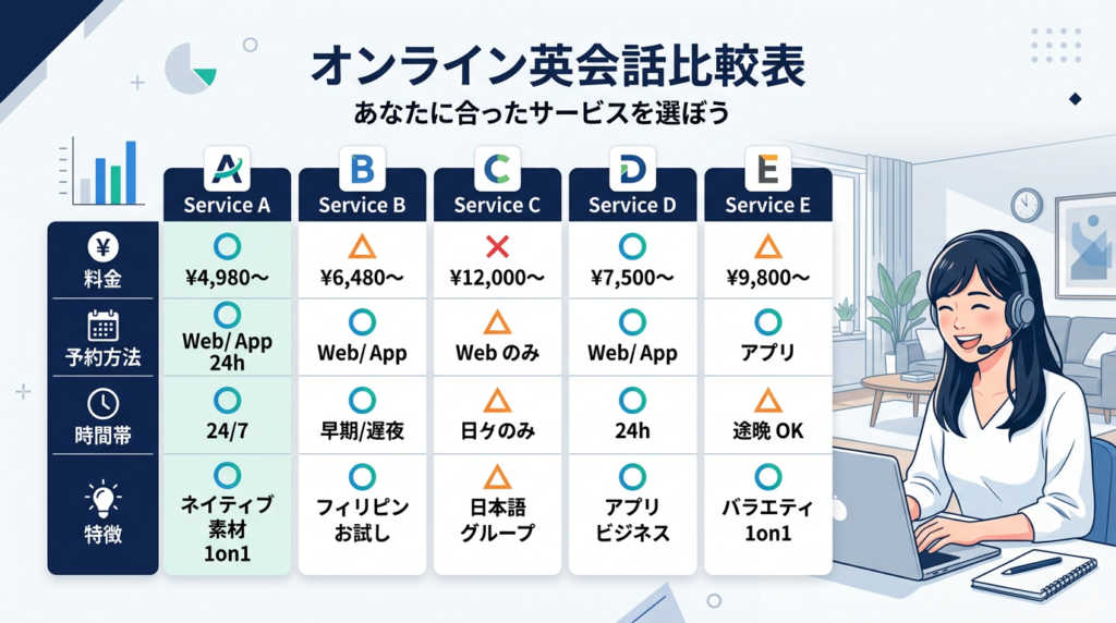 忙しい社会人向けオンライン英会話 サービス比較表一覧