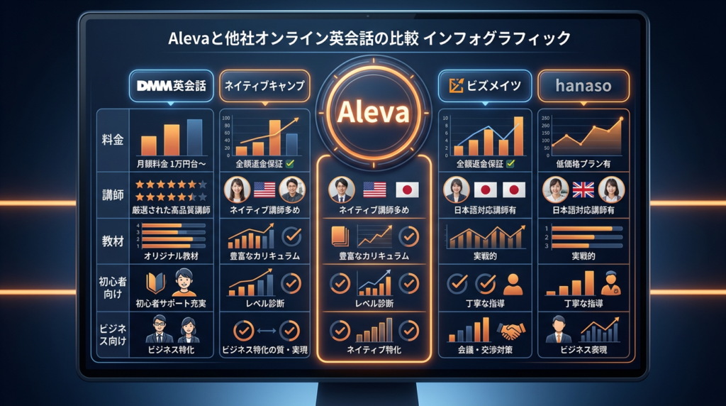 Aleva(アレバ)と他社オンライン英会話を料金・教材・講師で比較