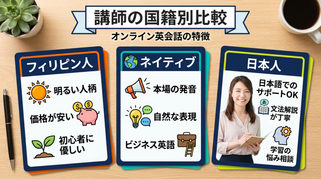 オンライン英会話の講師を国籍別に比較【フィリピン人・ネイティブ・日本人】