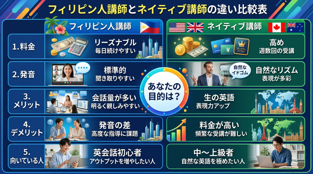 フィリピン人講師とネイティブ講師の違いを一覧で比較【結論:目的で選ぶ】