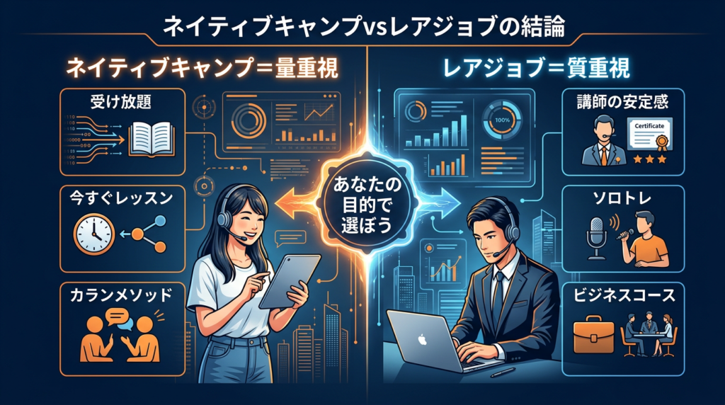 ネイティブキャンプとレアジョブの比較結果の結論!こう選べばOK