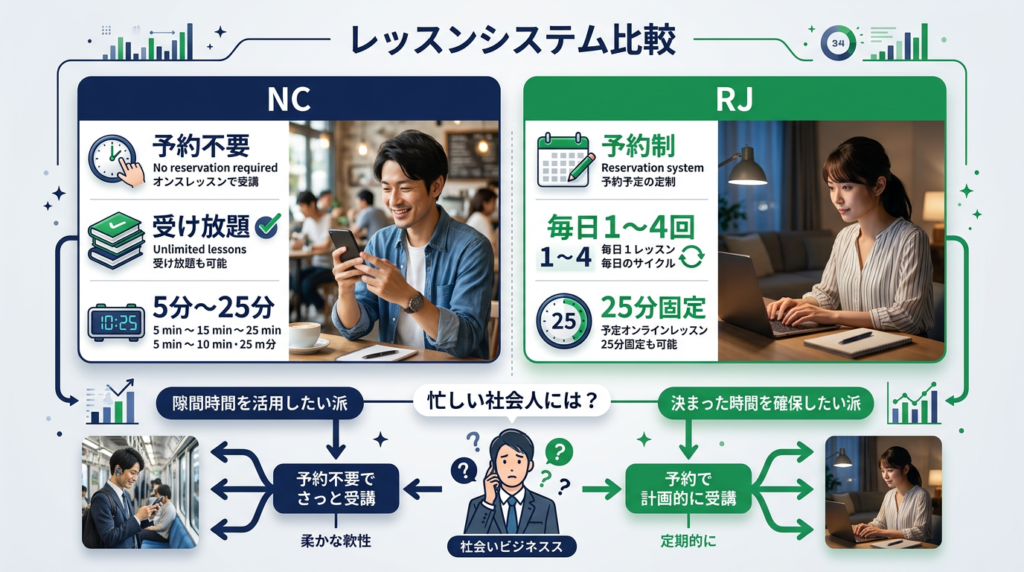 ネイティブキャンプとレアジョブのレッスン時間・予約・受け放題を比較