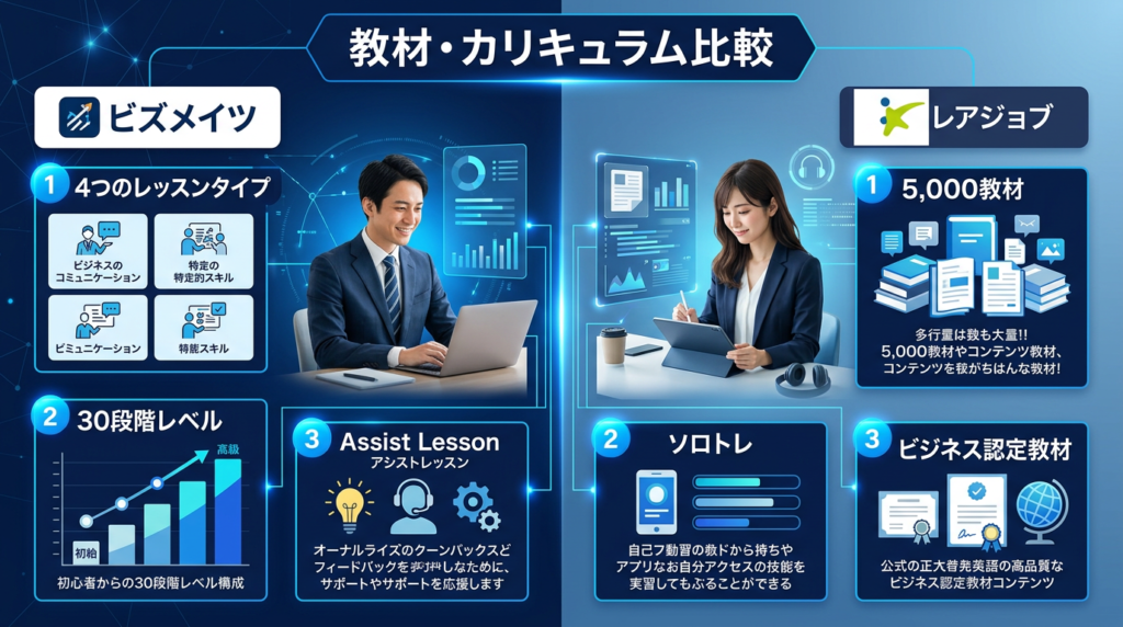 「教材・カリキュラム比較」のインフォグラフィック。左「ビズメイツ:4つのレッスンタイプ・30段階レベル・Assist Lesson」、右「レアジョブ:5,000教材・ソロトレ・ビジネス認定教材」の対比。ネイビー×ブルーの配色。