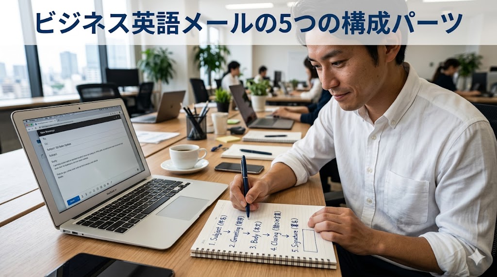 実写風。会議室で名刺を交換した後、自席に戻ってノートパソコンでフォローアップメールを書いている日本人女性（30代・ジャケット着用・集中した表情・画面を見ながらタイピング中）のウエストアップ。デスク上にもらったばかりの英語の名刺が1枚見える。パソコン画面にはメール作成画面。背景にオフィスの風景。画面右下に「初めての連絡メール」のテキストタグ（ネイビー #0d3d7a 角丸バッジ）。「海外のビジネスパートナーに初めてメールを送る場面」の空気感。16:9横長。