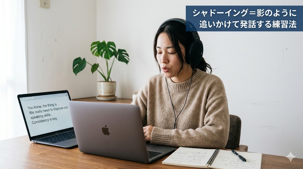 実写風。自宅のデスクでヘッドホンを着け、目を閉じて口を小さく動かしている日本人女性（20代後半・ベージュのニット・集中した表情）のバストアップ。デスク上にはノートパソコンとノートが広げられ、画面には英語のスクリプトが表示されている。背景は白壁のシンプルな部屋で観葉植物が1鉢。画面右上に「シャドーイング＝影のように追いかけて発話する練習法」のテキストオーバーレイ（ネイビー #0d3d7a の半透明帯）。「自宅で静かに英語トレーニングしている」自然な空気感。16:9横長。