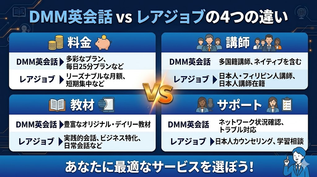 結論|DMM英会話とレアジョブの違いは大きく4つ