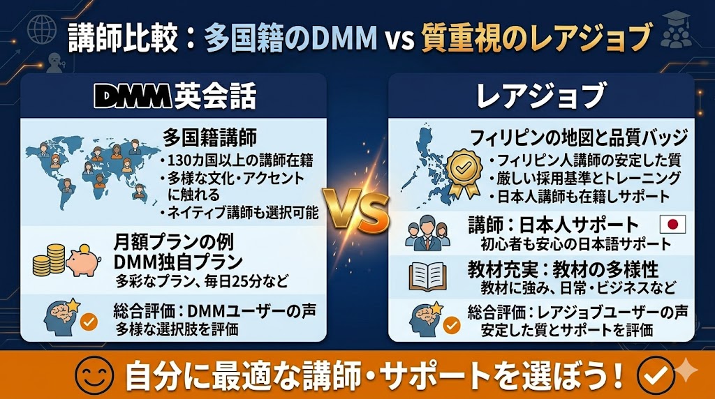 講師を比較|多国籍のDMM vs 質重視のレアジョブ