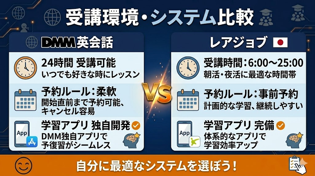 受講環境・システムを比較|予約・キャンセル・受講時間